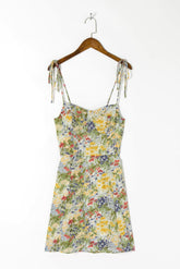 Retro French Yellow Green Floral Grass Print Spaghetti Strap Dress Sexy Women Lacing Up Sling Short Dresses Holiday Robe